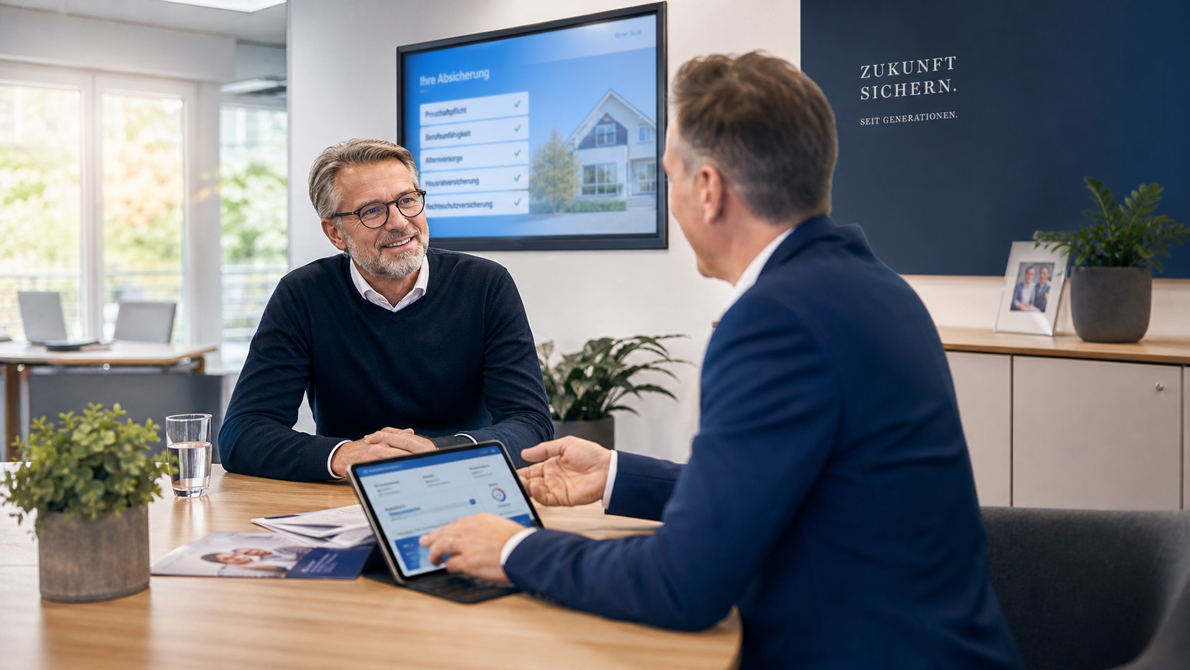 Bestandskunden sitzen mit einem Versicherungsberater in einem modernen Büro zusammen. Digitale Übersichten und Versicherungsunterlagen vermitteln Stabilität, Kontinuität und verlässliche Betreuung. Die Szene strahlt Vertrauen, persönliche Beratung und langfristige Kundenbeziehungen aus.