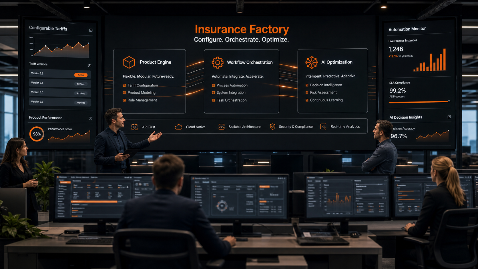 Modernes „Insurance Factory“-Kontrollzentrum mit Versicherungs- und Softwareexperten in einer hochdigitalisierten Arbeitsumgebung. Große Dashboards visualisieren flexible Produktmodelle, automatisierte Prozesse und KI-gestützte Optimierung. Orangefarbene Daten- und Prozessvisualisierungen symbolisieren skalierbares Wachstum, Effizienz und die digitale Zukunft der Versicherungsbranche.