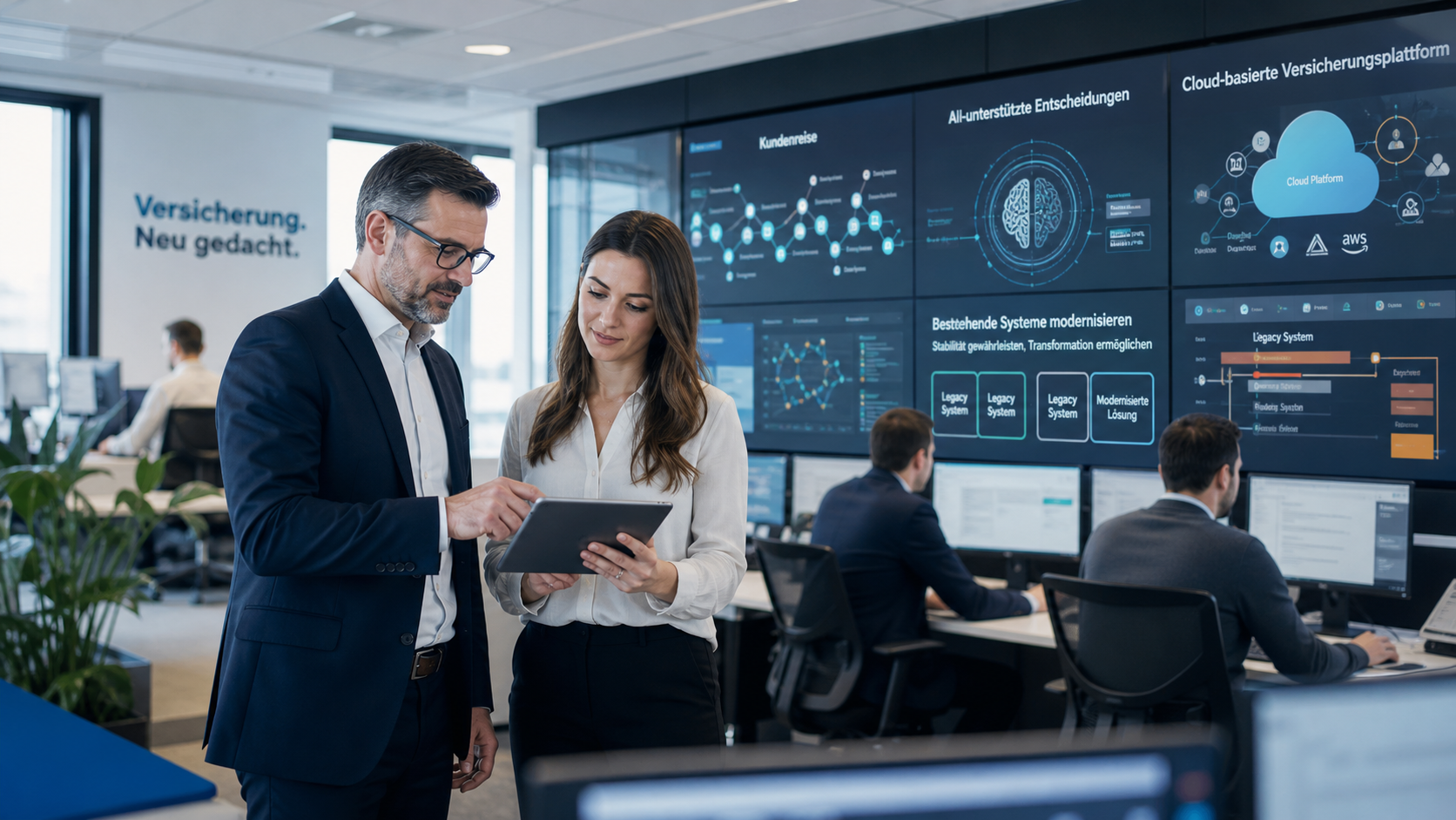 Modernes Versicherungs-Operationszentrum mit Mitarbeitenden und Software-Spezialisten in einer hellen Büroumgebung. Digitale Dashboards zeigen KI-gestützte Versicherungsprozesse, Cloud-Systeme und moderne Customer Journeys. Die Szene vermittelt Vertrauen, Stabilität und digitale Transformation in der Versicherungsbranche
