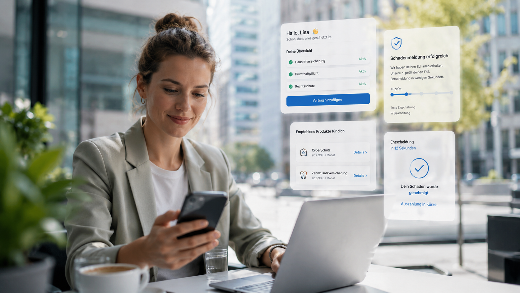 unge Berufstätige nutzt eine digitale Versicherungsplattform auf Smartphone und Laptop in moderner urbaner Umgebung. Transparente Versicherungsprodukte, schnelle KI-gestützte Entscheidungen und einfache digitale Prozesse werden durch moderne Interface-Elemente visualisiert. Die Szene vermittelt Vertrauen, Komfort und digitale Innovation.