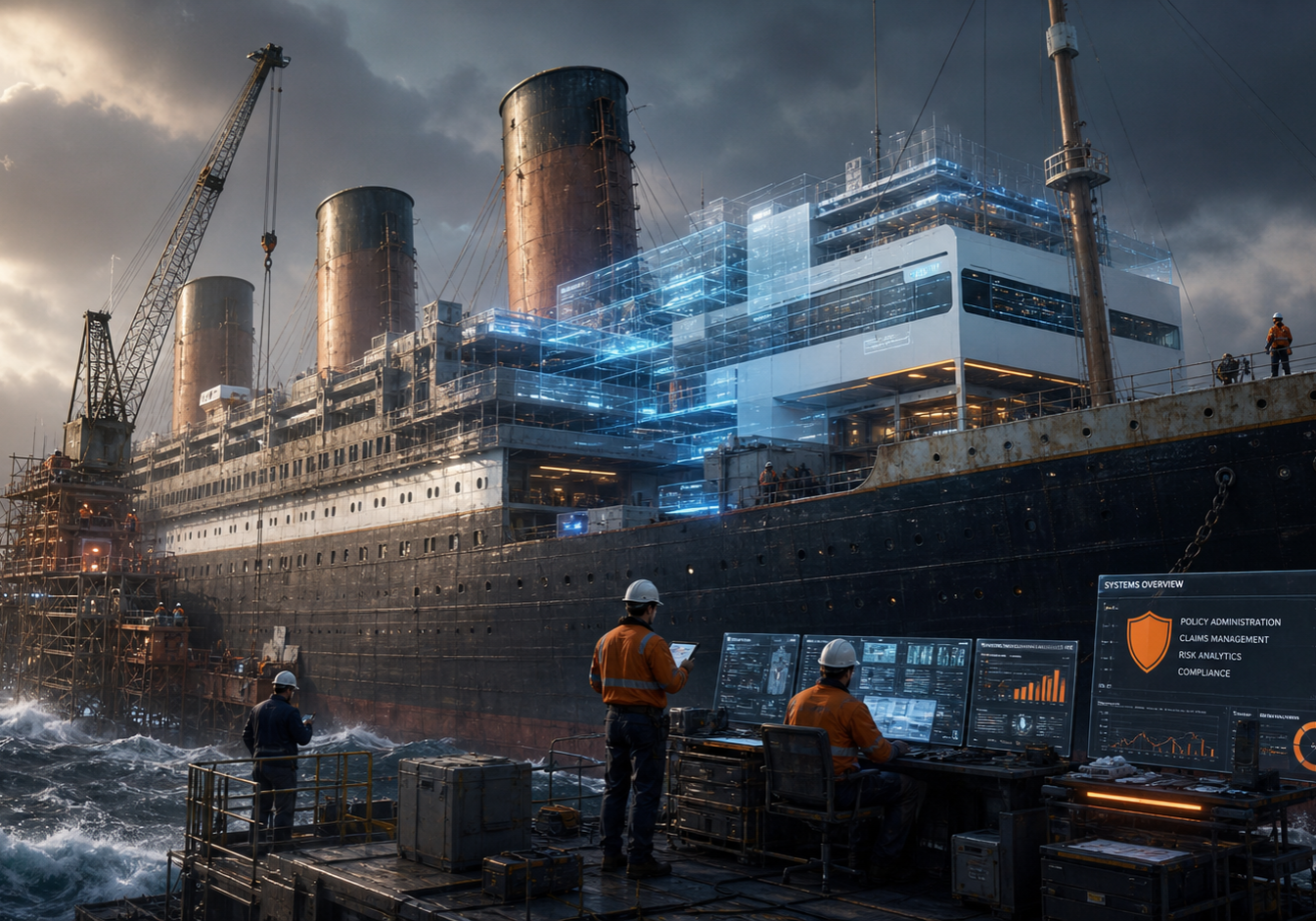 Großes Passagierschiff wird auf offener See modernisiert, während Ingenieure und digitale Systeme den komplexen Umbau begleiten. Orangefarbene Daten-Overlays symbolisieren die Transformation monolithischer Altsysteme hin zu moderner Technologie. Die Szene vermittelt die Risiken, Komplexität und Langsamkeit von Legacy-Modernisierung in der Versicherungsbranche.